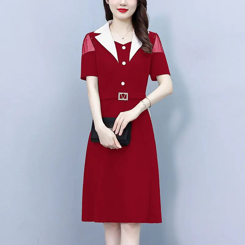 Short Sleeved Style Chubby Girl Plus Size Women's Clothing Covering Belly Show Off Thinness Mid Long Fashion Suit Collar Skirt image 2
