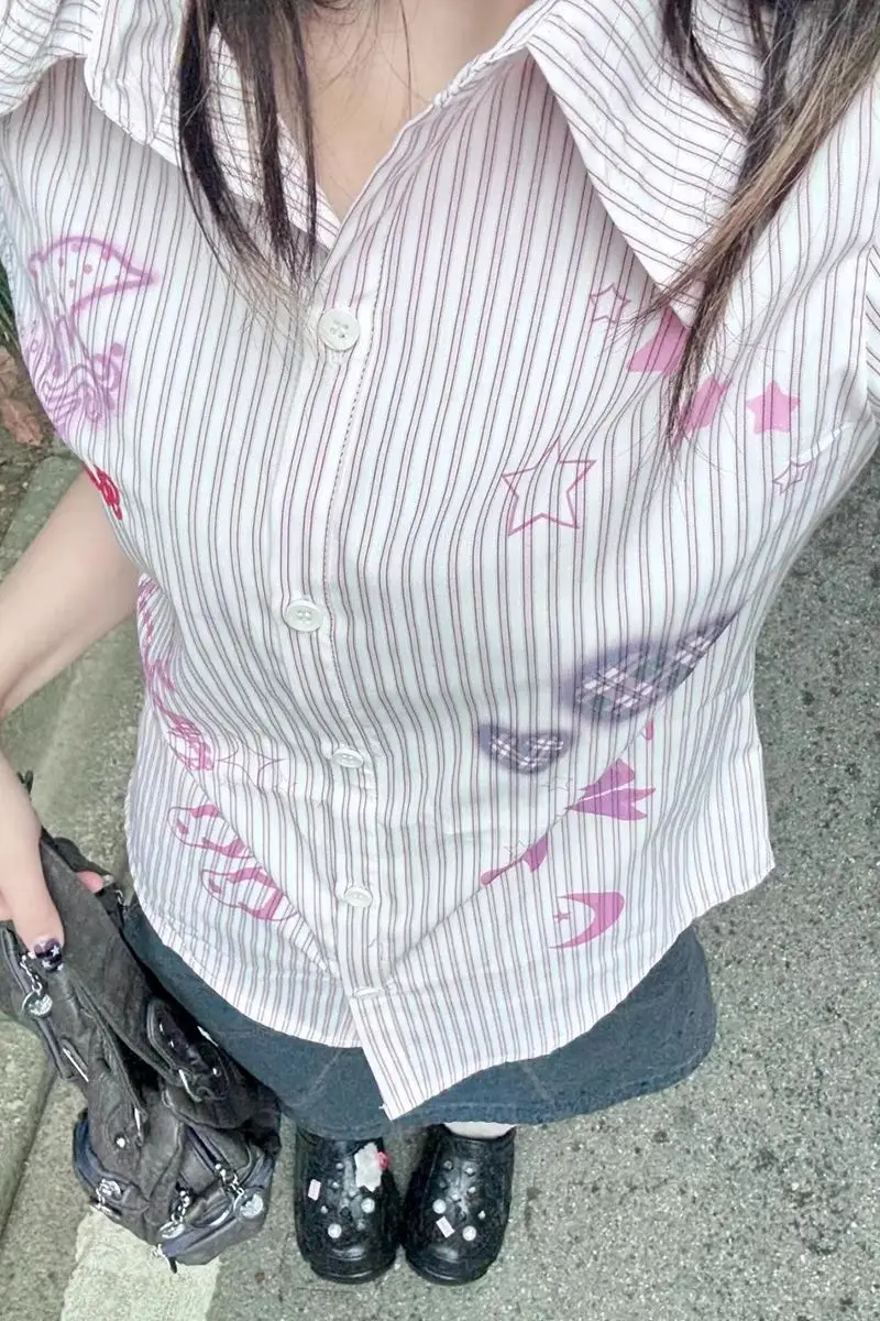 Japanese Cute Style Pink Stripe Short Sleeved Shirt Women Cinched Waist Slimming Effect Embroidered New Top
