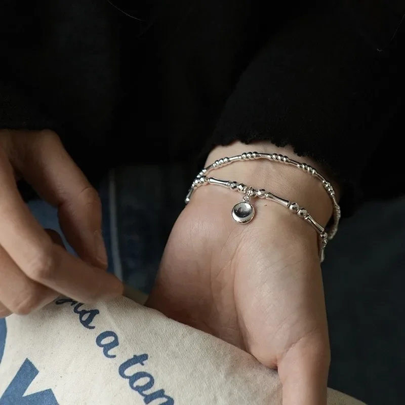 

925 Sterling Silver Charming Cylinder Round Bead Pendant Bracelet for Women Fine Jewelry Minimalist Accessories Wholesale