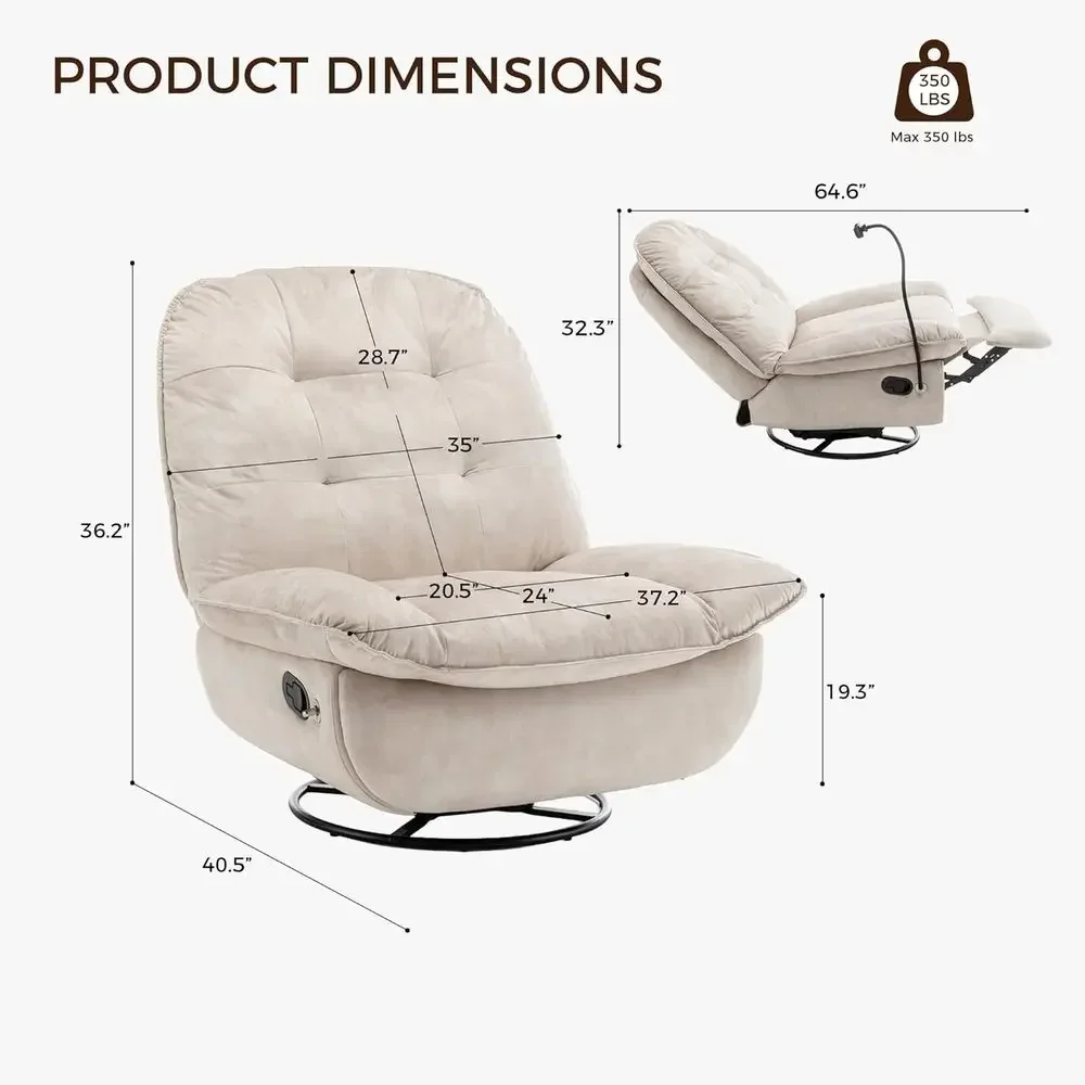 Beige Oversized Swivel Rocker Recliner with Armrest and Padded Holder for Living Room or Nursery