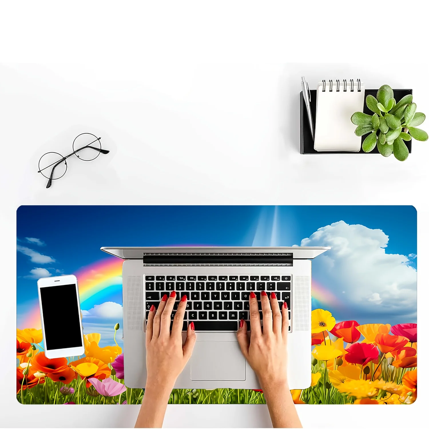 قطعة واحدة من لوحة ماوس كبيرة ممتدة بتصميم قوس قزح وزهور - حصيرة مكتب مطاطية مقاومة للماء مع حواف مخيطة، قاعدة غير قابلة للانزلاق لـ