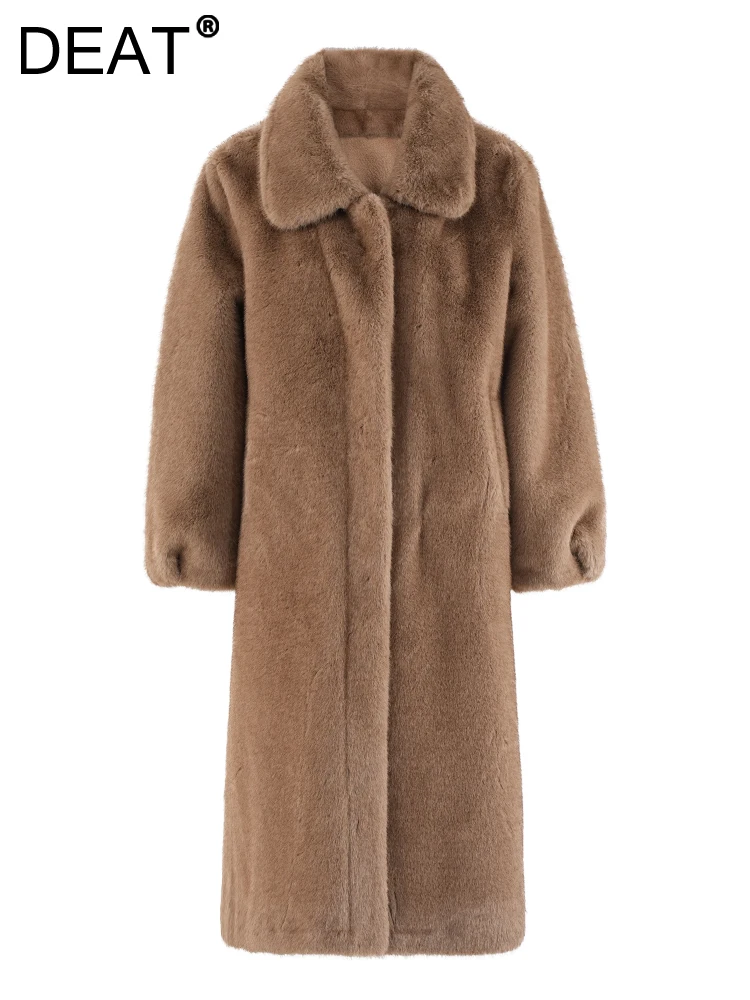 DEAT Fashion Women\'s Brown Faux Fur Coat Tren-down Collar Loose Long Sleeves Thick Plush Warm Overcoat Winter 2024 New CPG1970