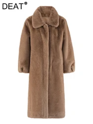 DEAT Fashion Women's Brown Faux Fur Coat Tren-down Collar Loose Long Sleeves Thick Plush Warm Overcoat Winter 2024 New CPG1970