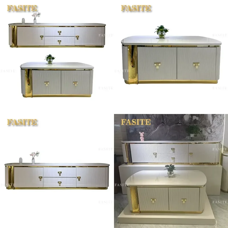 For Modern Living Room Furniture Wooden TV Stand and Coffee Table Set Square Marble Slate Top Wood Center Table Home Decor