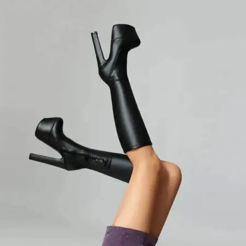 Sexy Super High Heel Women Stretch Boot Large Size Chunky Heel High Platform Pointed Toe Modern Long Boots Spice Girl 17Cm Lady