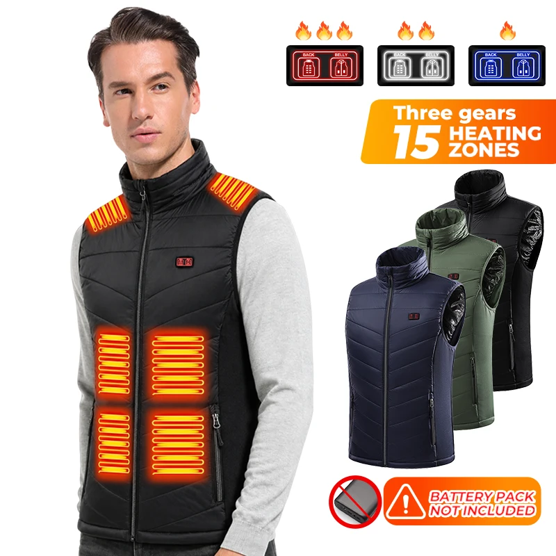 15 Zone Heated Vest Stand Collar Carbon Fiber USB Powered Winter Warm Unisex Outdoor Working Skiing Fishing Riding Dog Walking