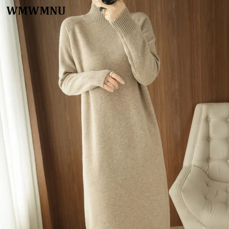 

Autumn Winter Solid Basic Loose Straight Knitted Bottoming Dress Women Casual Warm Half Turtleneck Midi Sweater Vestidos Mujer