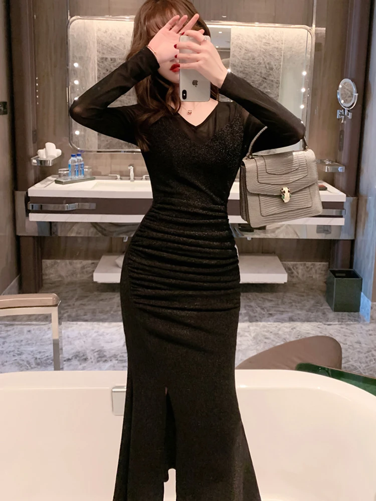 Elegant เซ็กซี่ชุดราตรีอย่างเป็นทางการผู้หญิงสีดํา Sheer ตาข่ายผ้าไหม Skinny Slit Fishtail Robe Femme Club Party Vestidos ฤดูใบไม้ผลิ