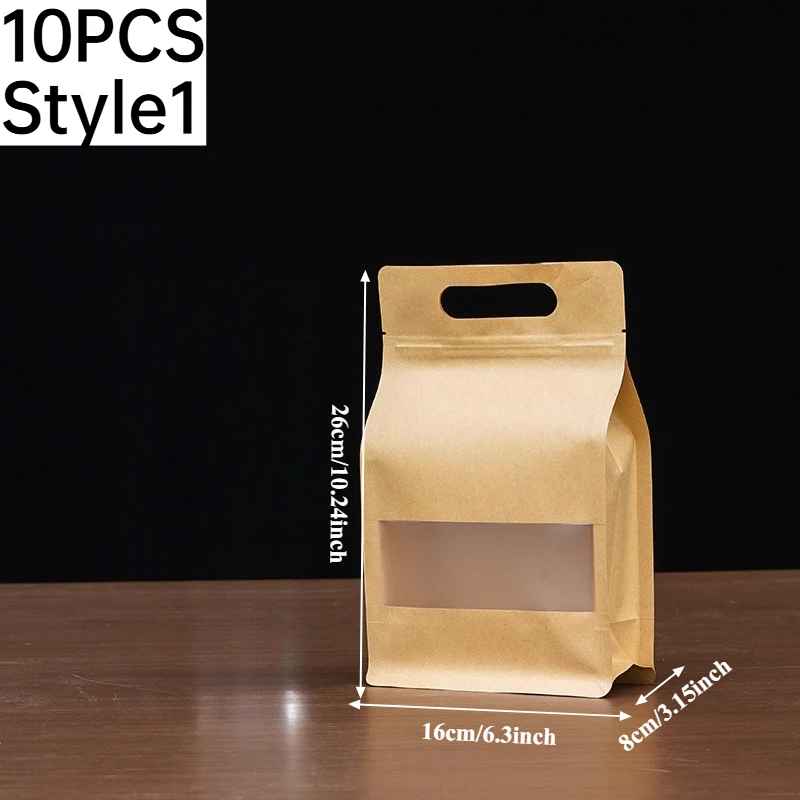10PCS Handle Hole Eight Side Sealed Kraft Paper Bag Pouch Visible Window For Dried Fruit Tea Produce Food Storage Packaging Bag