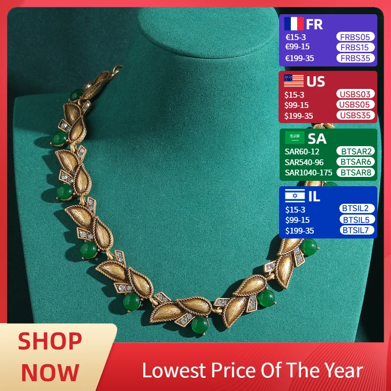 

Винтажное колье-чокер золотого цвета с листьями, инкрустированное стразами, зеленое стекло, богемные антикварные украшения для женщин, аксессуары