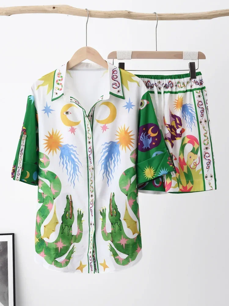 Summer 2024Print Women Shirt Shorts Sets  Beach Holiday Casual Loose Lady Suits Short Sleeve Shirts Elastic Waist Shorts Set