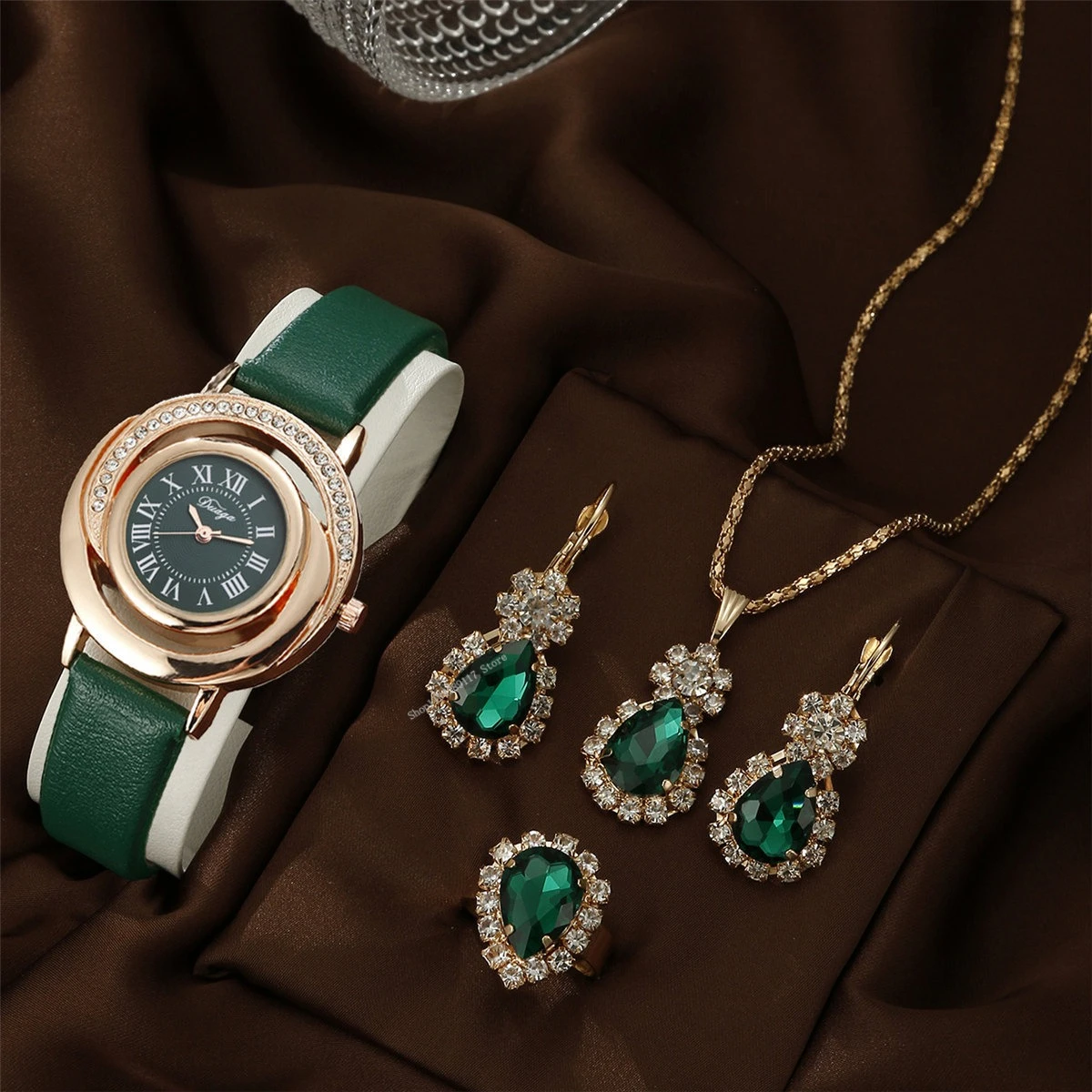 Набор из 4 предметов, роскошные часы из розового золота, женские ожерелья, серьги со стразами, модные наручные часы, повседневный женский браслет 시계 (без коробки)