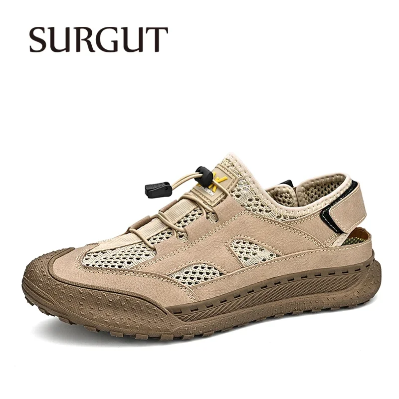 

SURGUT Breathable Mens Shoes Hollow Out Cool Handmade Thick Outsole Summer Mesh Casual Sandals For Men