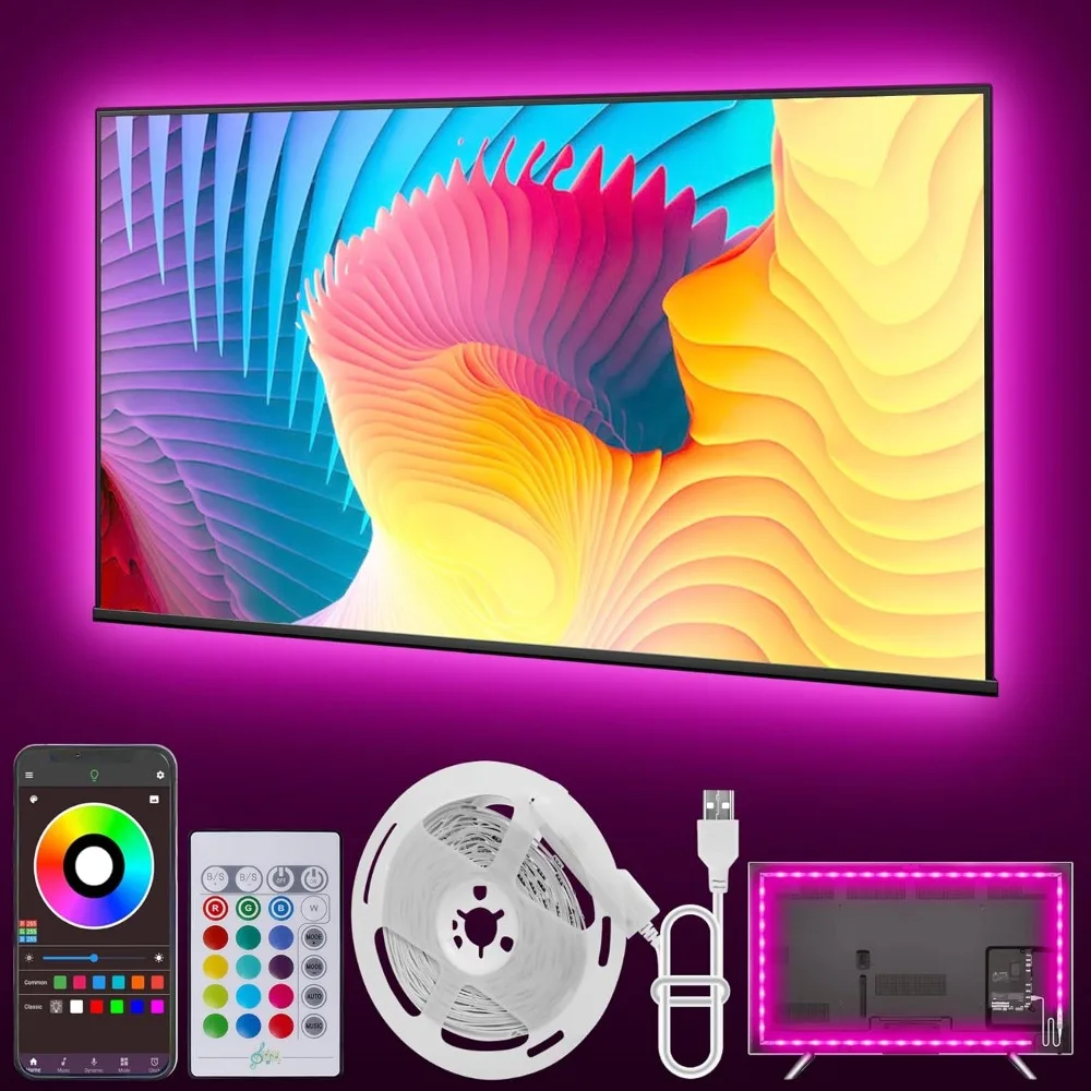 Luces LED para TV, retroiluminación de TV de 20 pies para 32-80 pulgadas, tira de luz USB con control remoto, control por aplicación, tira de luces RGB, sincronización de música en color