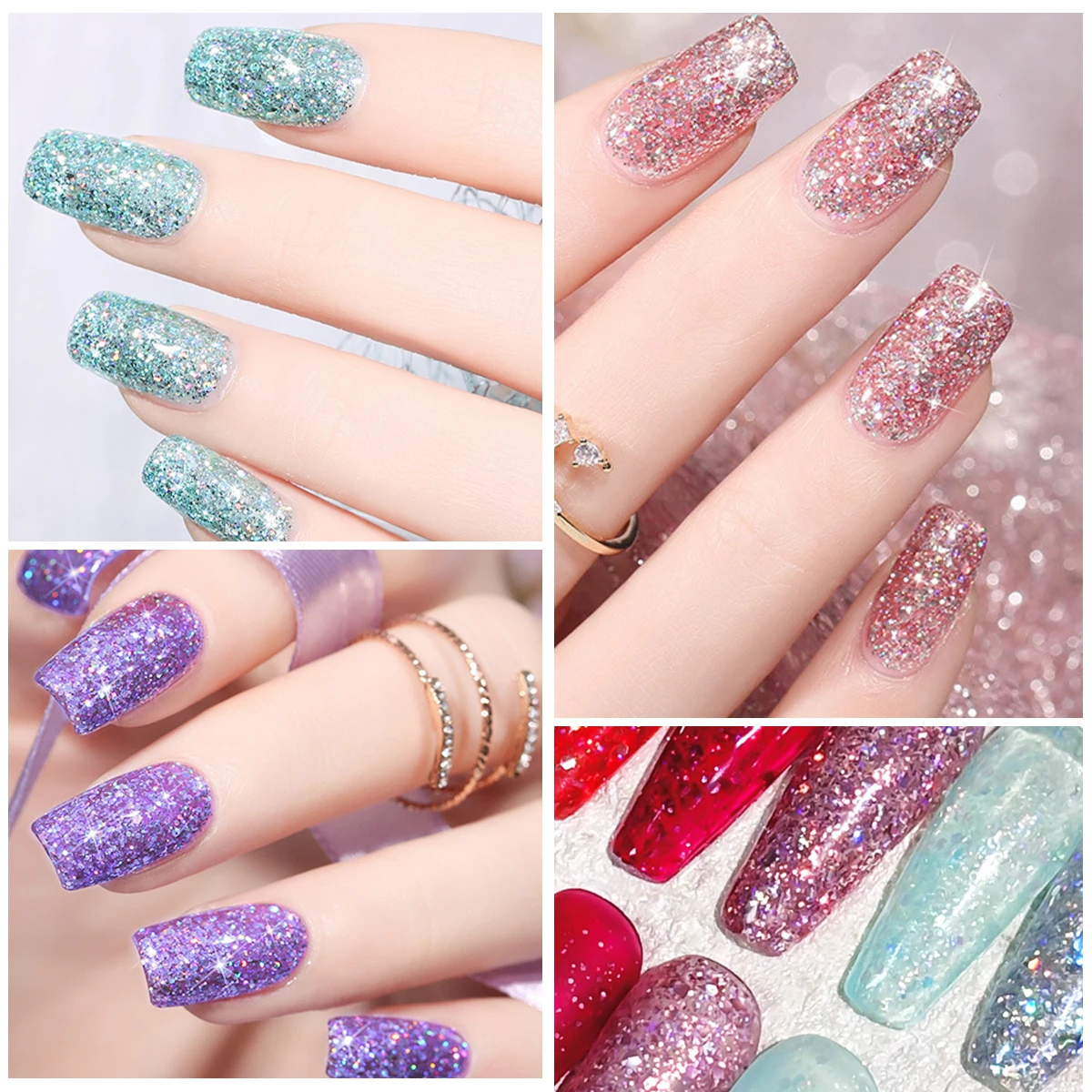 Glitter Sequins Gel Nail Polish, Sparkle Shiny Blue Red Pinkish Nail Gel, Soak Off UV Nail Gel Nail Art Manicure Varnish At Home