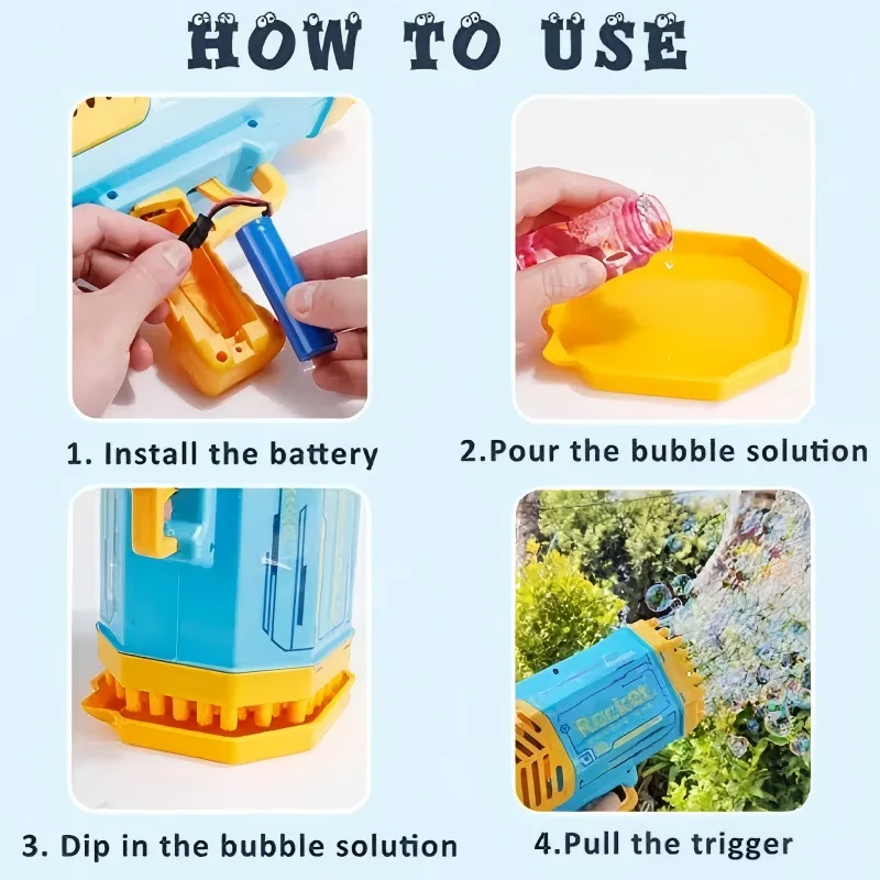 Pistola de bolhas para crianças, brinquedos, foguete, 69 buracos, bolhas de sabão, formato de arma, soprador automático com luz, pomperos, brinquedo ao ar livre, presentes, festa