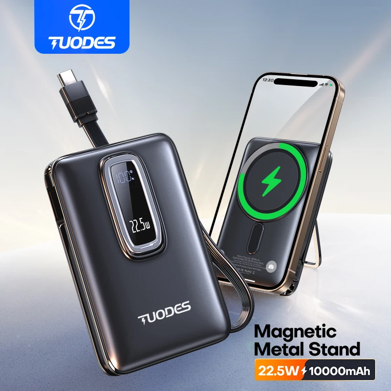 TUODES 22,5 Вт 10000 мАч Power Bank Беспроводная магнитная быстрая зарядка Складная подставка Внешняя батарея для iPhone 16 15 Для Magsafe