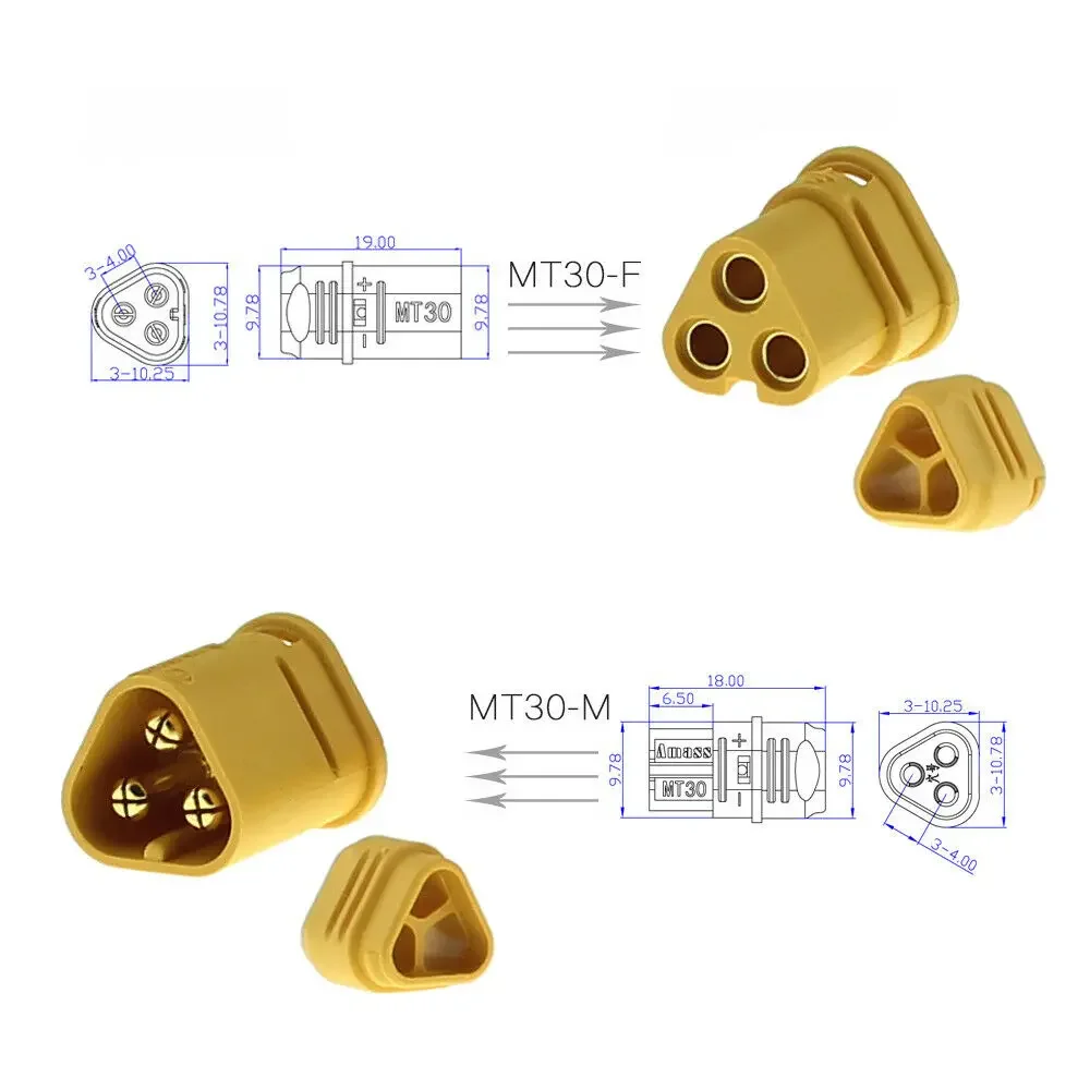 10pairs AMASS Amass MT30 Plug Connector 2mm 3-pin Connector Motor Bullet Plug for RC ESC Lipo Battery