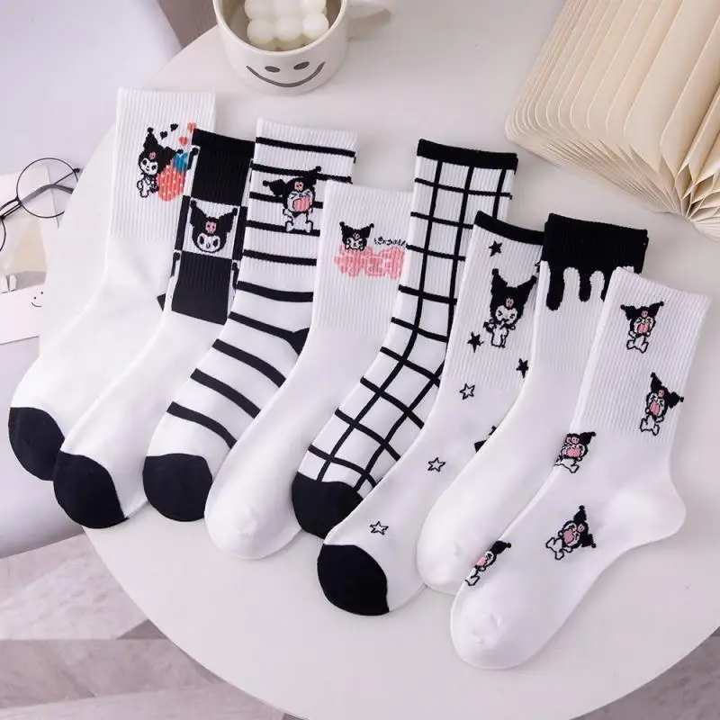 8Pcs Kawaii Cute Socks Kuromi Sanrio for Girl Anime Spring Autumn Winter Long Barrel Cotton Socks Japanese Sweet Student Fashion