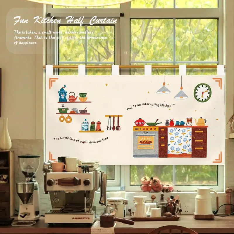 VIKAMA Cartoon Food Kitchen Window Valance Cake Sandwich Milk Printed Rod Pocket Short Curtain Holiday Window Home Decor