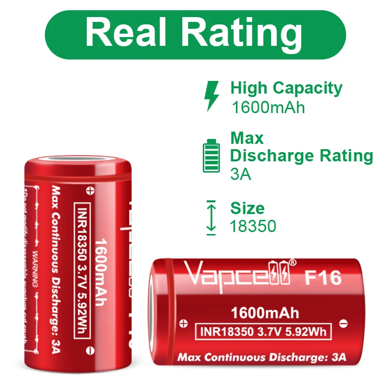 Original Vapcell INR 18350 A11 M11 F14 F16 H16 Battery Max 1600mAh High Drain Rechargeable Lithium Batteries For Flashlight Toys