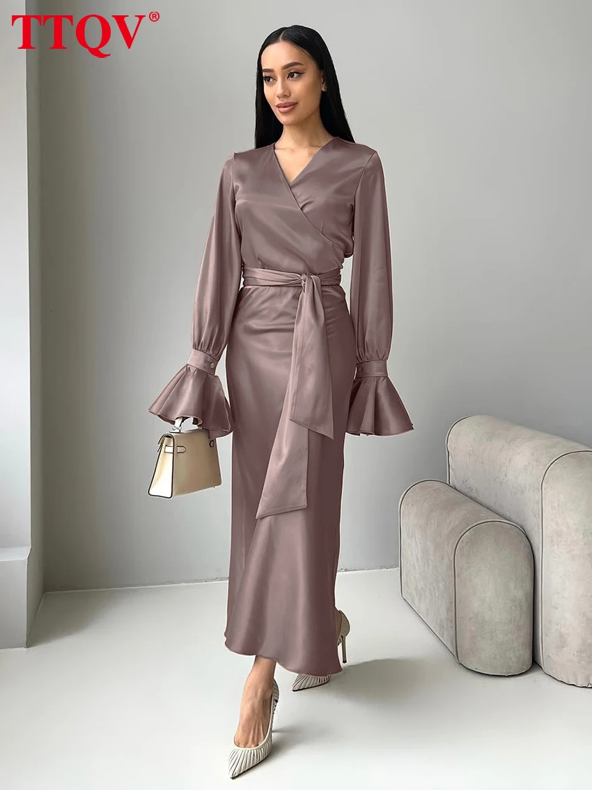 

TTQV Fashion Loose Dark Pink Satin 2 Piece Set Women 2026 Elegant Long Sleeve Crop Shirt With High Waist Long Skirt Set Female