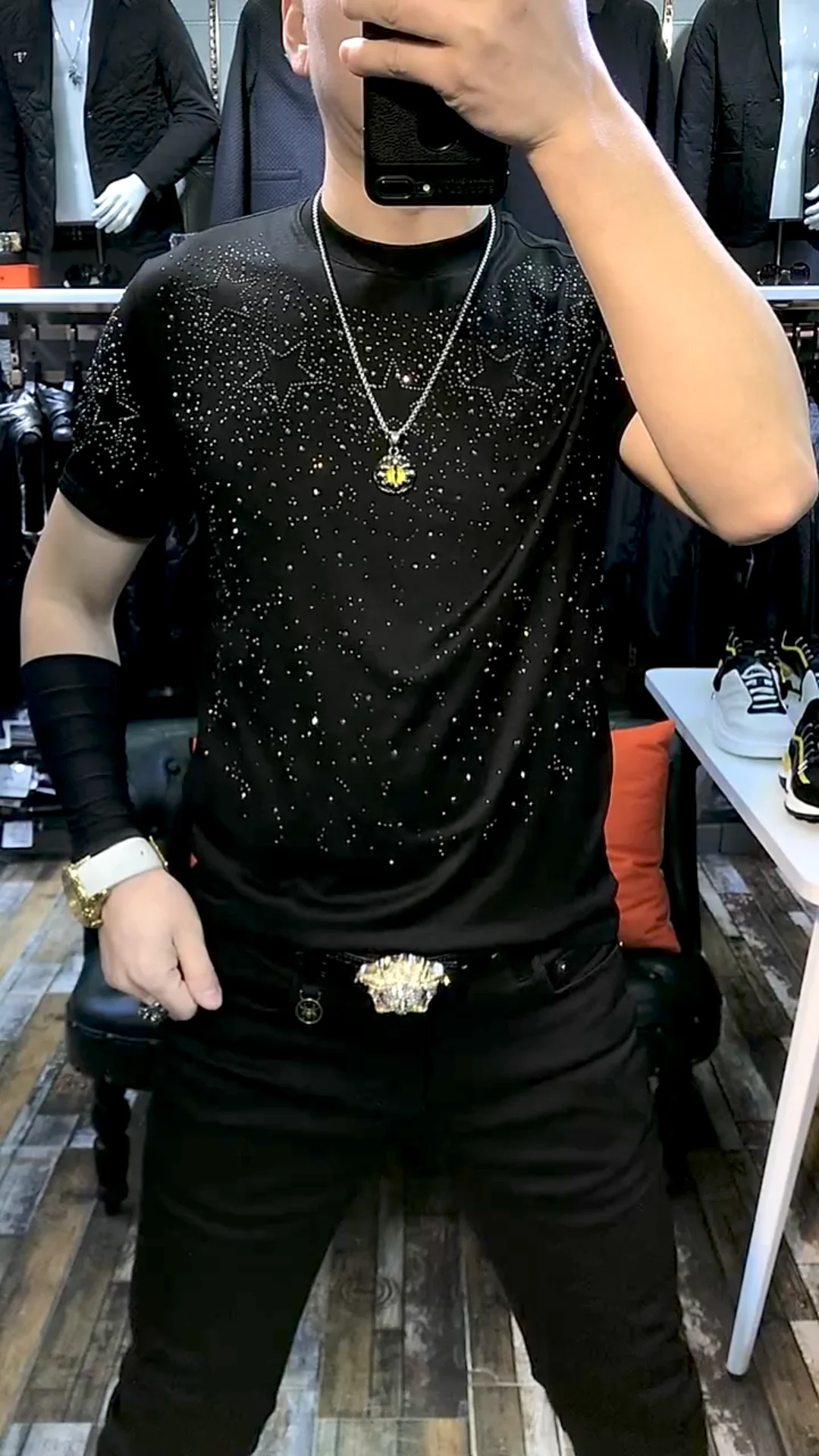 2025 Men's Summer Round Neck Starry Sky Rhinestone T-Shirt Fashion Trend High-End Versatile Casual Short Sleeve