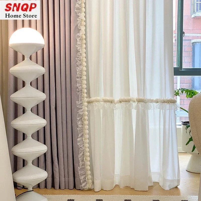 

French Fashion Purple Pom-pom Lace Custom Thicken Chenille Luxury Curtains for Living Room Bedroom Dining Blackout White Tulle