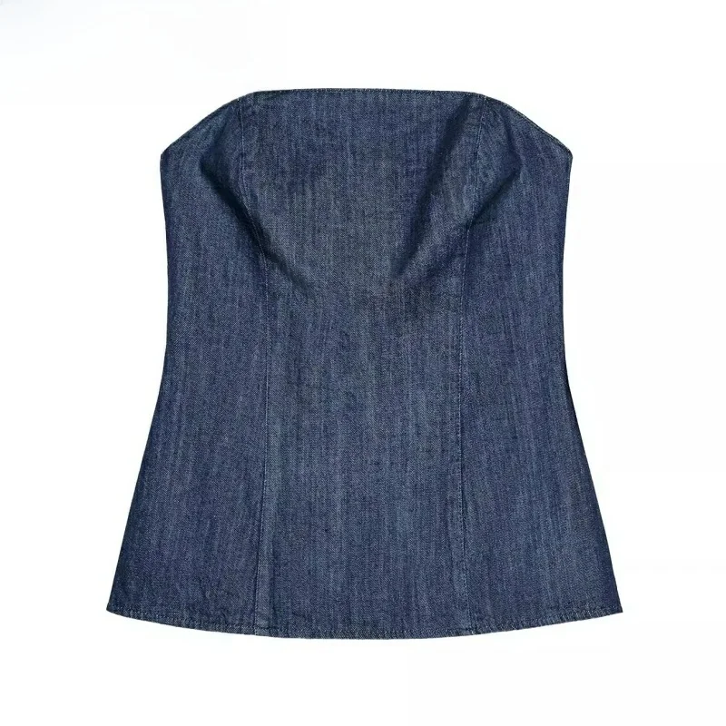 

New Summer Women's Denim oulder Bared Straight Collar Chest Wrapped Top Slim Fit ort Length Pure Color Commute Sle Jeans