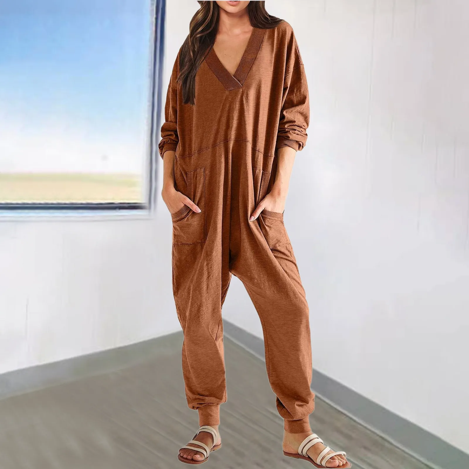 Ladies Double Pockets V Neck Long Sleeve Oversized Jumpsuit Women Harajuku Style Slouchy Rompers Female Casual Loose Jumpsuits