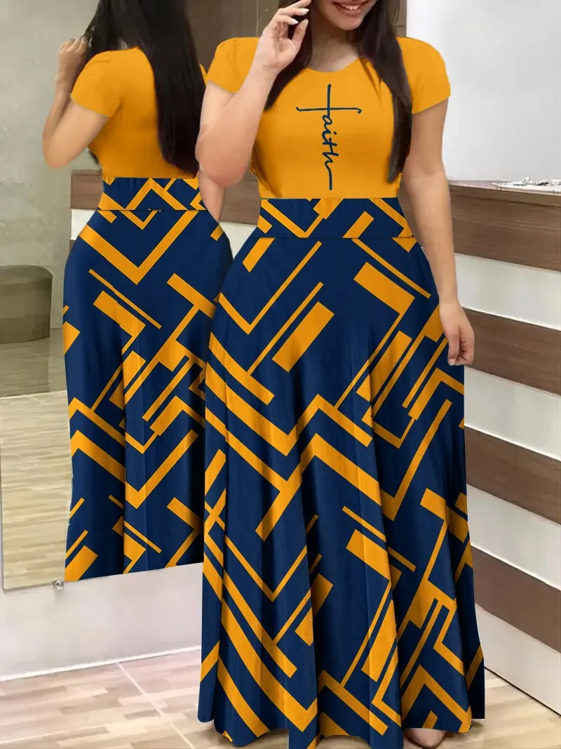 Letnia nowa długa sukienka z nadrukiem cyfrowym Eleganckie sukienki damskie Slim Fit Okrągły dekolt Krótki rękaw Czerwone sukienki z nadrukiem na wysokim obcasie