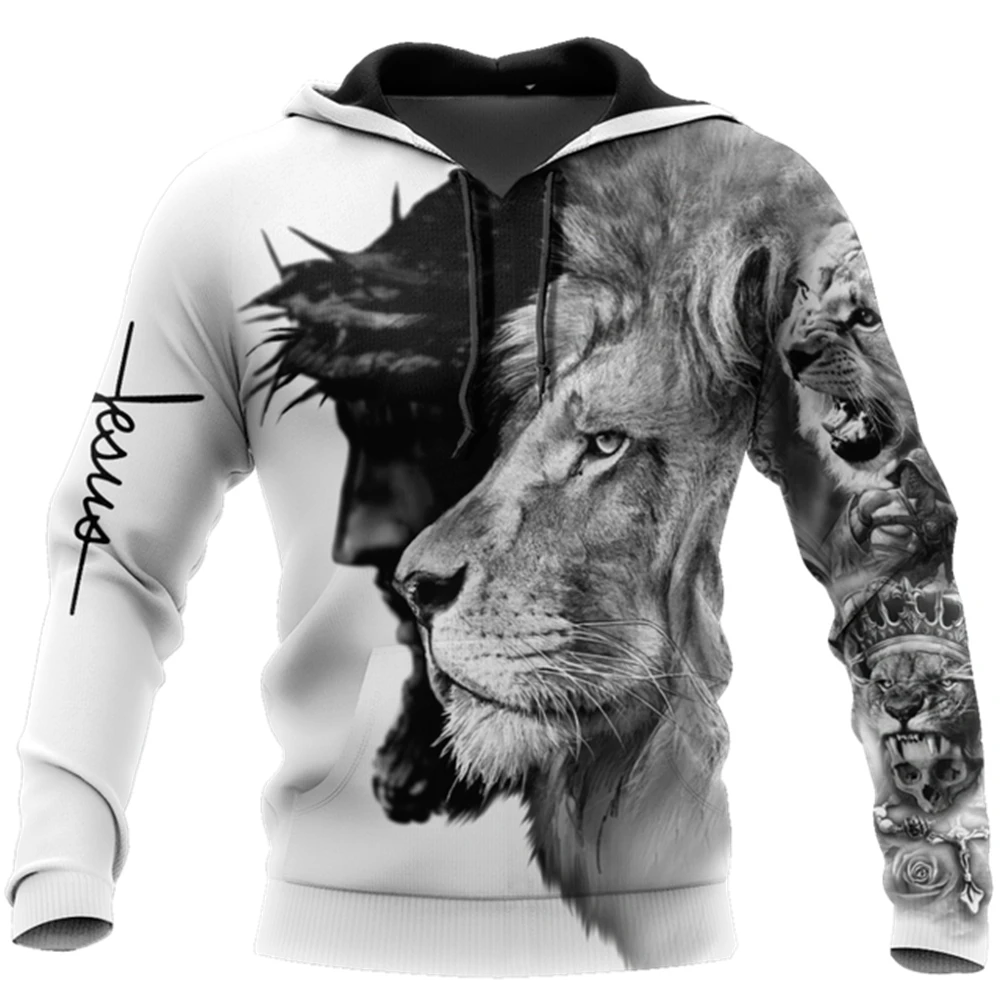 Lion 3D All over Printed God Christian Jesus Hoodie for Men Men Harajuku Fashion Retro Hooded Sweatshirt Casual Jacket Pullover