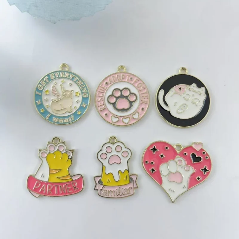 10Pcs Cartoon Cat Paw Heart Shape Enamel Alloy Charms Mixed Pattern Pendant For DIY Earrings Bracelets Key Chains Handmade Craft