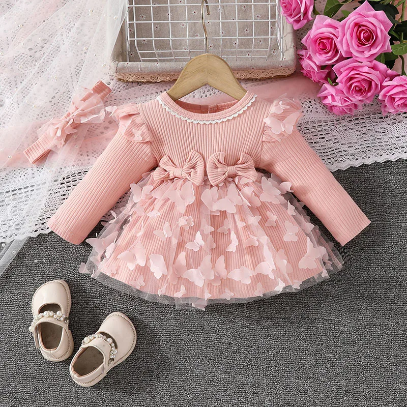 

2024 New Autumn Children's Clothing Girls Sweet Dresses 6M-3Y Baby Cute Butterfly Mesh Dress with Hair Band Toddler Outwear