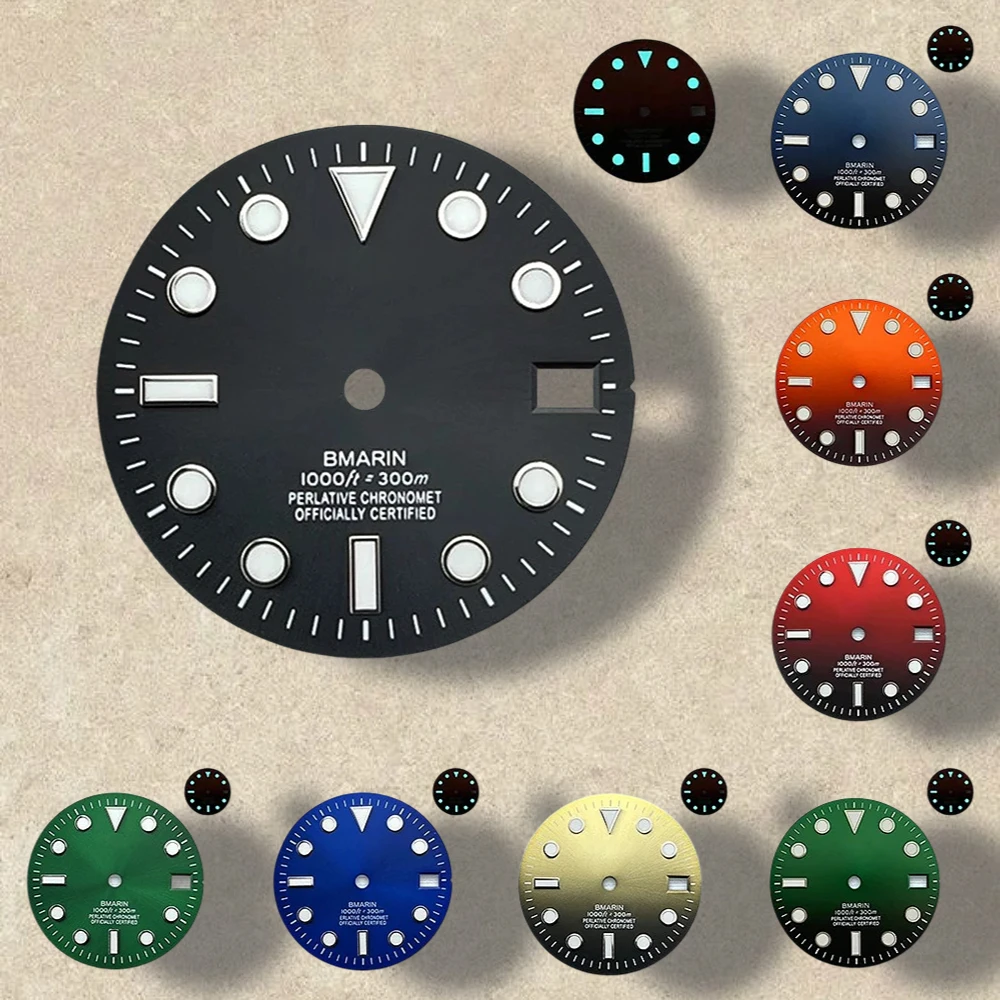 

28.5mm S Logo SUB Sunburst Dial Fit NH35/NH36/4R/7S Japanese Movement Ice Blue Luminous Watch Modification Accessories