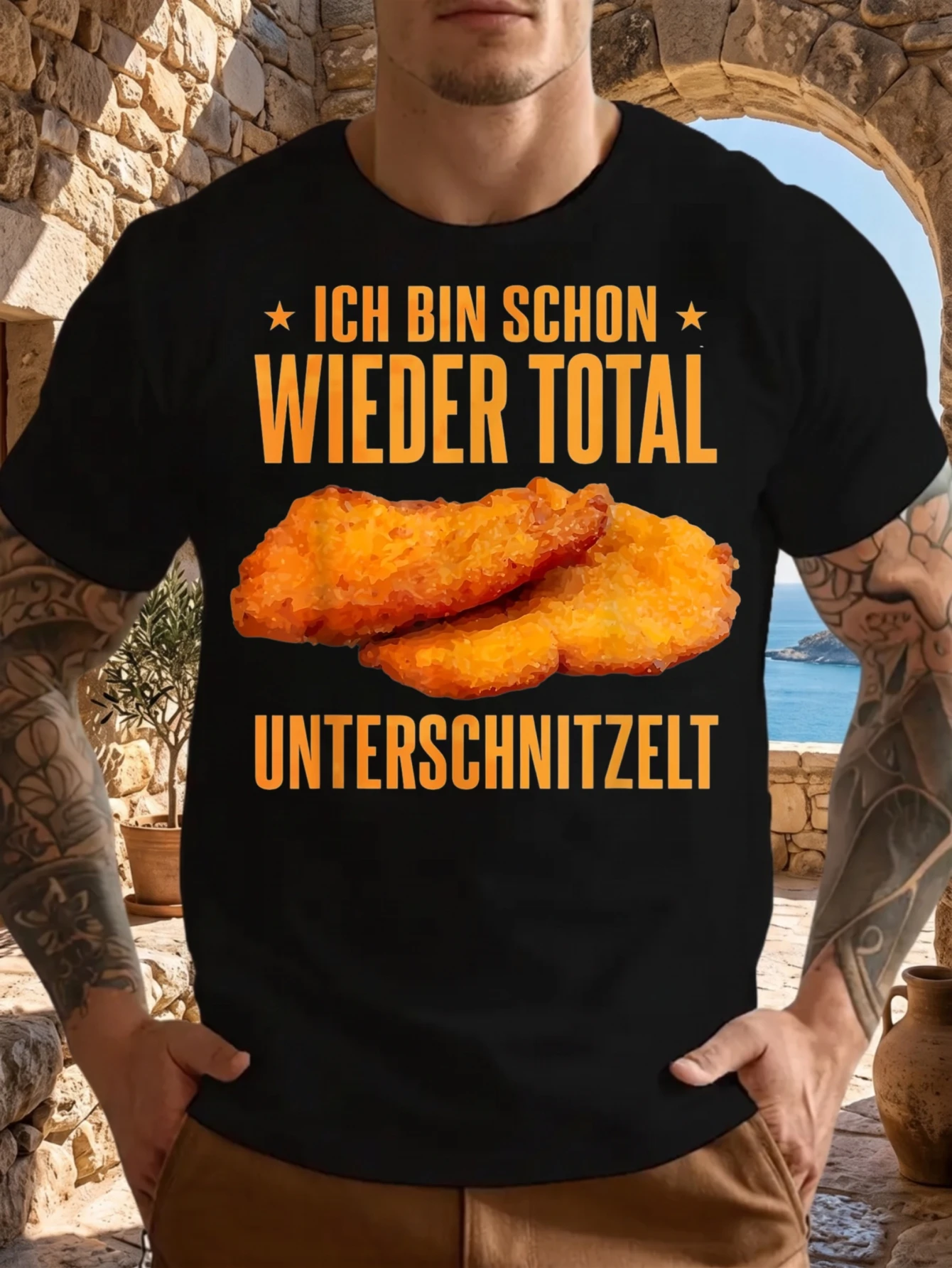 1 Stück 100% Baumwolle Unisex T-Shirt mit Aufdruck „Ich Bin Schon Wieder Total Unterschnitzelt“ mit gebratenem Schnitzel, O-Ausschnitt, kurze Ärmel, Plus Size, bequeme Freizeitkleidung,