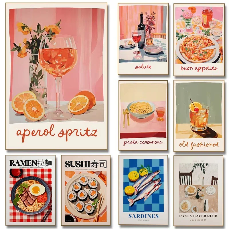 Aperol Spritz Pizza y vino Negroni cóctel lienzo cartel sardina comida arte de la pared impresiones para cocina moderna decoración del hogar Cuadros