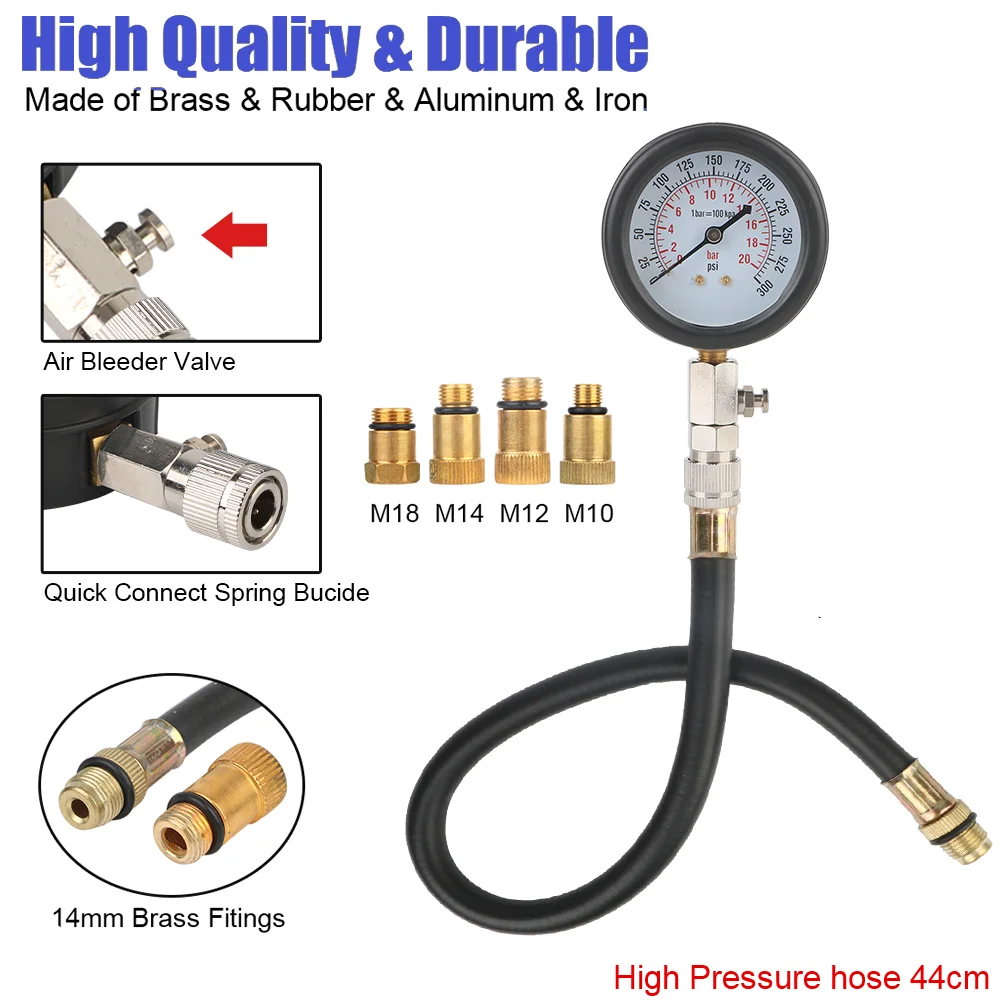 Kit profesional de probador de compresión de motor de gasolina, juego de herramientas de manómetro de cilindro de combustible de 0-300 PSI para motocicletas y coches