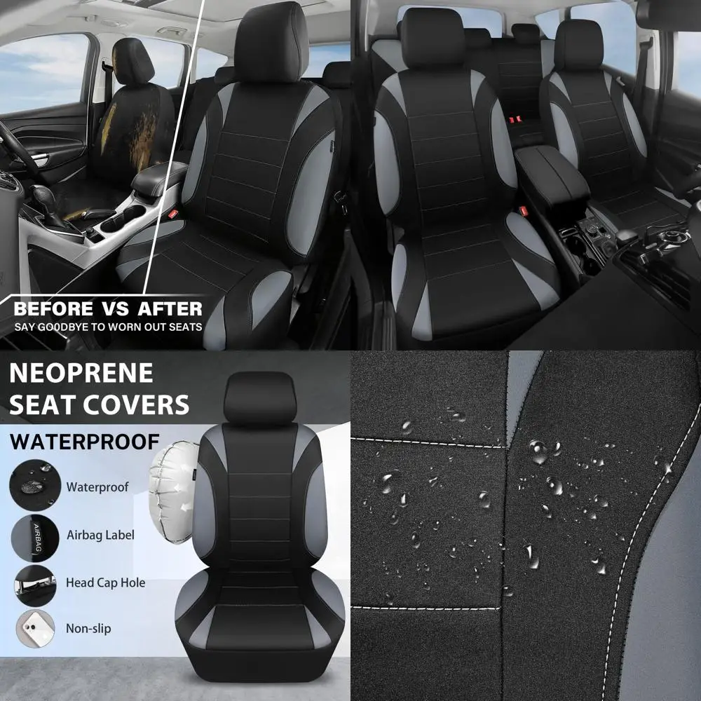 

Universal Waterproof Neoprene Car Seat Covers, Full Set for Auto, SUV, Vans, Sedans, Trucks - Black & Gray