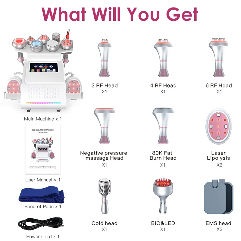 9 في 1 أداة 80K التجويف بالموجات فوق الصوتية آلة تخسيس الجسم متعدد القطبية راديو المضادة للتجاعيد تجديد الجلد رفع تشديد