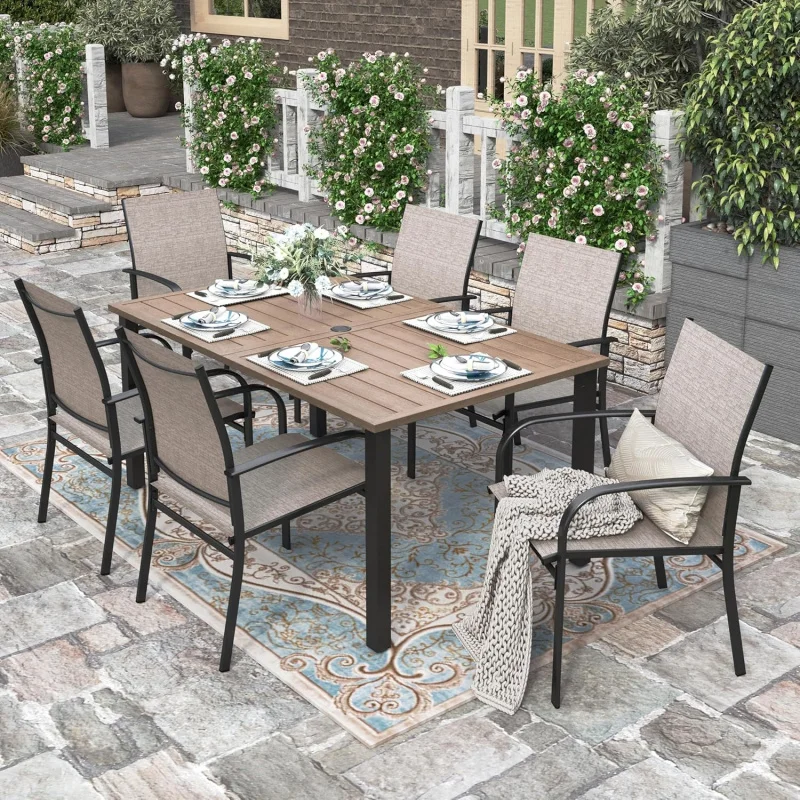 

-Piece Outdoor Patio Dining Set 6, Rustproof Metal Rectangular Table with Wood-Like, Durable Deck Dining Chairs