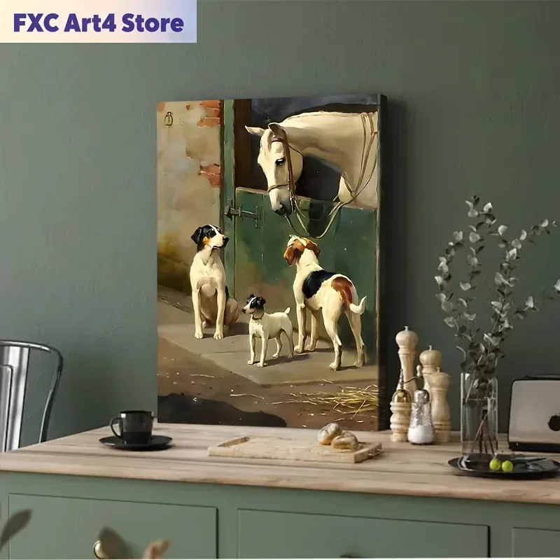 Frameless Dog and Horse in The Stable Poster and Prints Animal Art Canvas Painting Wall Art Picture for Living Room Home Decor G