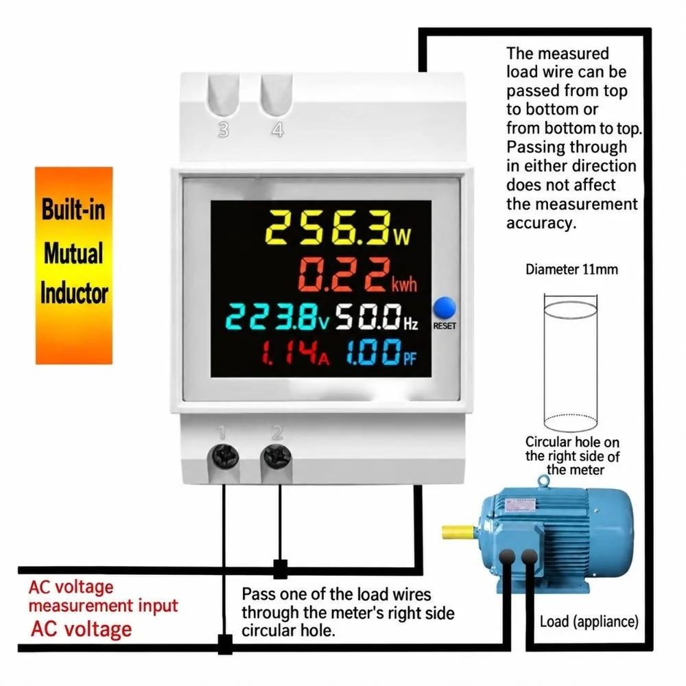 ABS Shell Digital DIN Rail AC Power Meter Color LCD Display Automatic Data Storage Single Phase Energy Meter for D52-2066