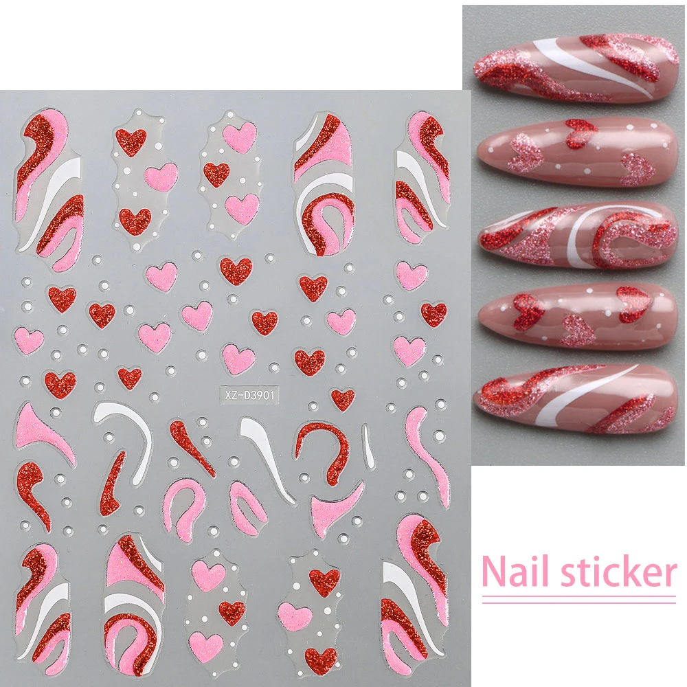 1Pc Glitter Red/Pink Love Heart 3D Nail Art Stcikers 8x10cm Heart/Letter Nail Sticker DIY Manicure Slider