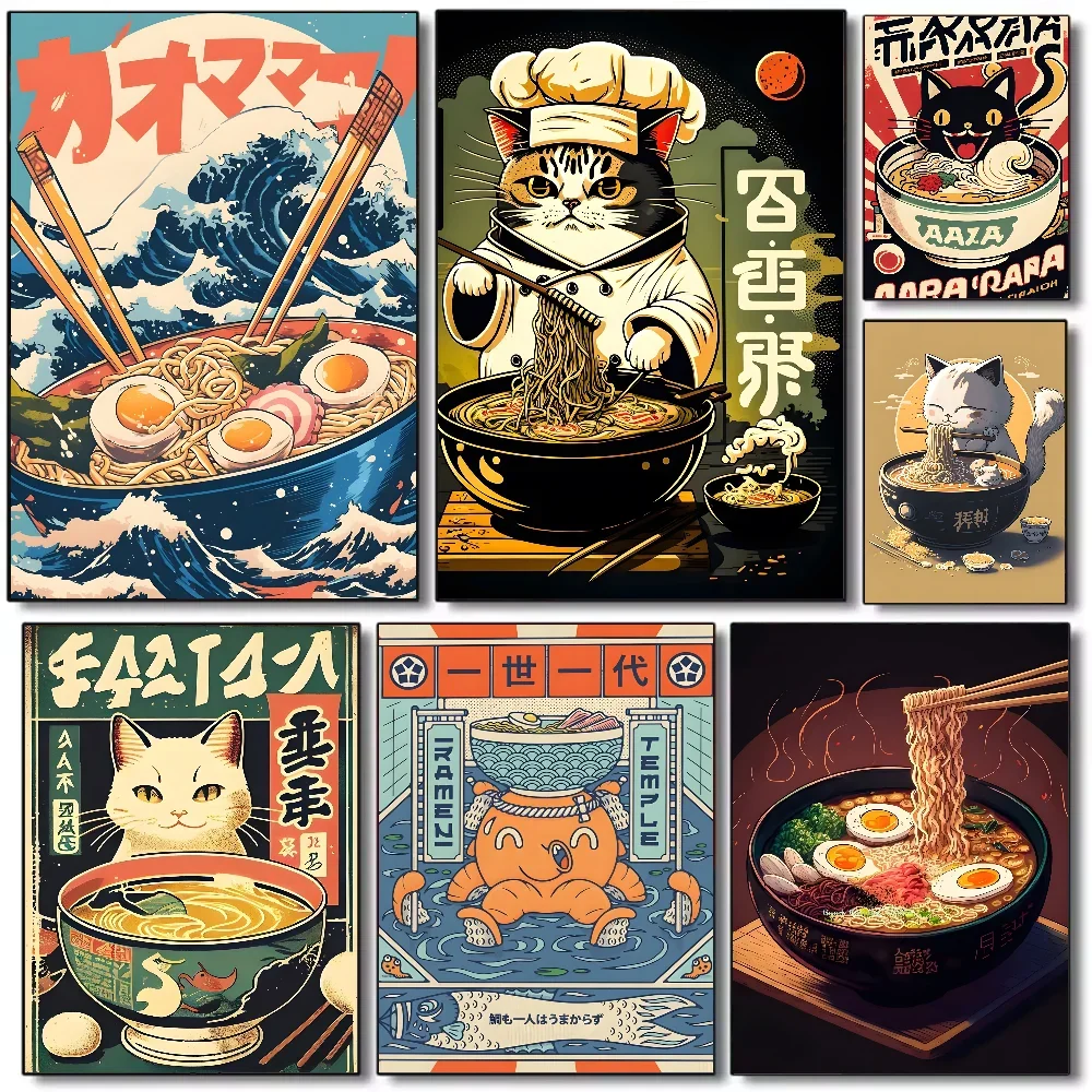 Póster artístico Vintage de Ramen japonés, arte HD, pared adhesiva, impermeable, para el hogar, sala de estar, dormitorio, bar, decoración estética