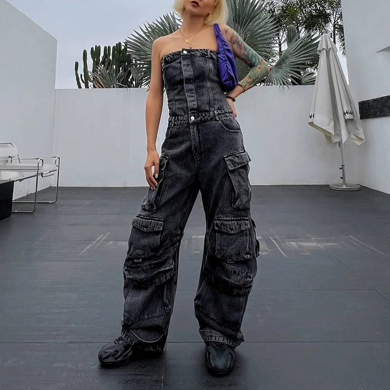 Fashion Y2k Denim Women Jumpsuits Autumn Strapless Single Breasted Cargo Pants with Pockets One Piece Streetwear Jean Rompers