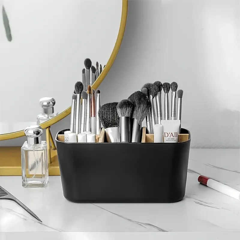 Black Plastic Toothbrush Holder with Dividers, 5-Slot Bathroom Countertop Organizer, Lightweight, No Electricity Needed