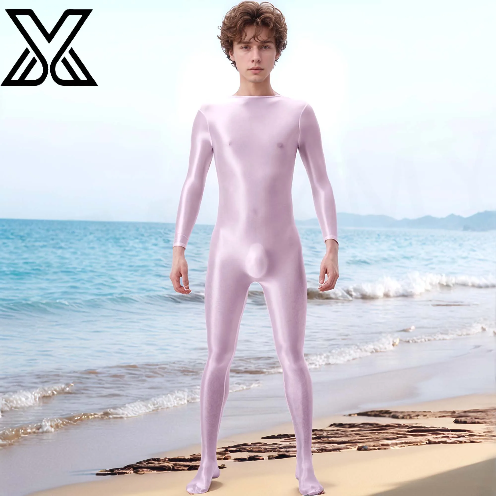 XMJXMY Men Bodysuit Long Sleeve Oil Shiny Glossy Tights High Elastic Leotard Jumpsuit Gym Fitness Rash Guard Swimwear Jumpsuit