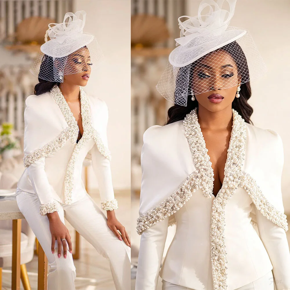 Elegant Suits For Women V Neck Pearls Beaded Lady Set Slim Fit Long Sleeves 2 Pcs Coat Pants Prom Party Custom Made