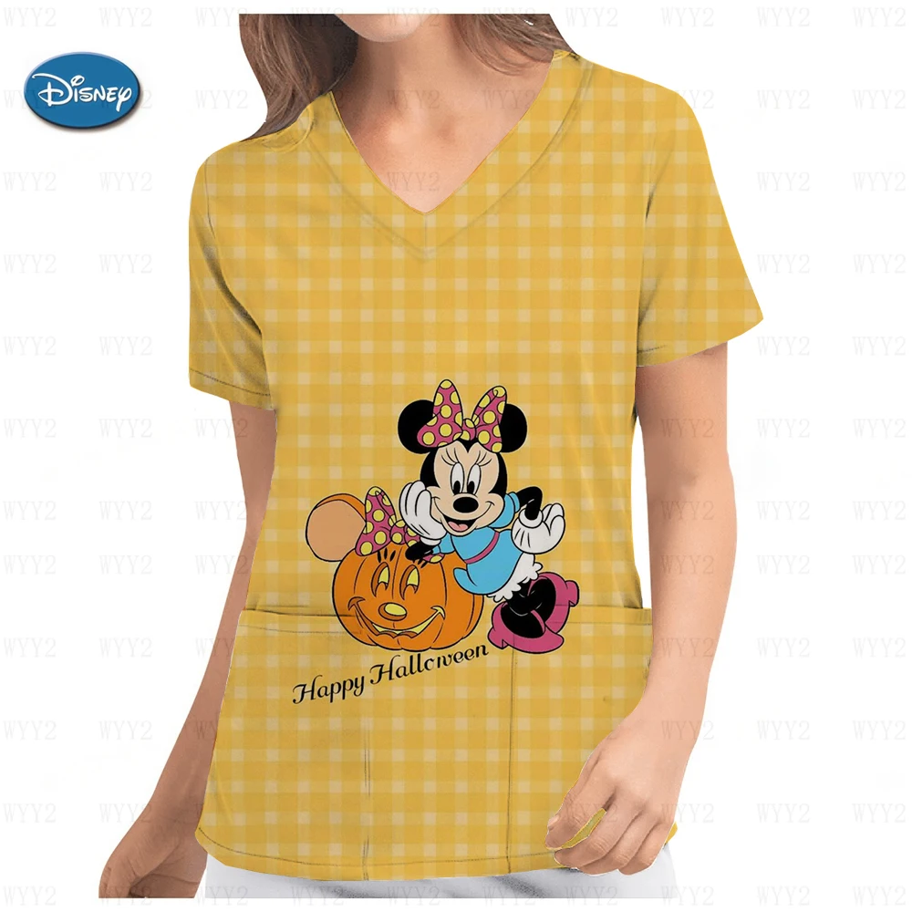 Halloween Collection Disney Mickey Mouse Stitch Top Pocket Women Summer Hospital T-Shirt Disney Nurse Uniform Top Women 2023